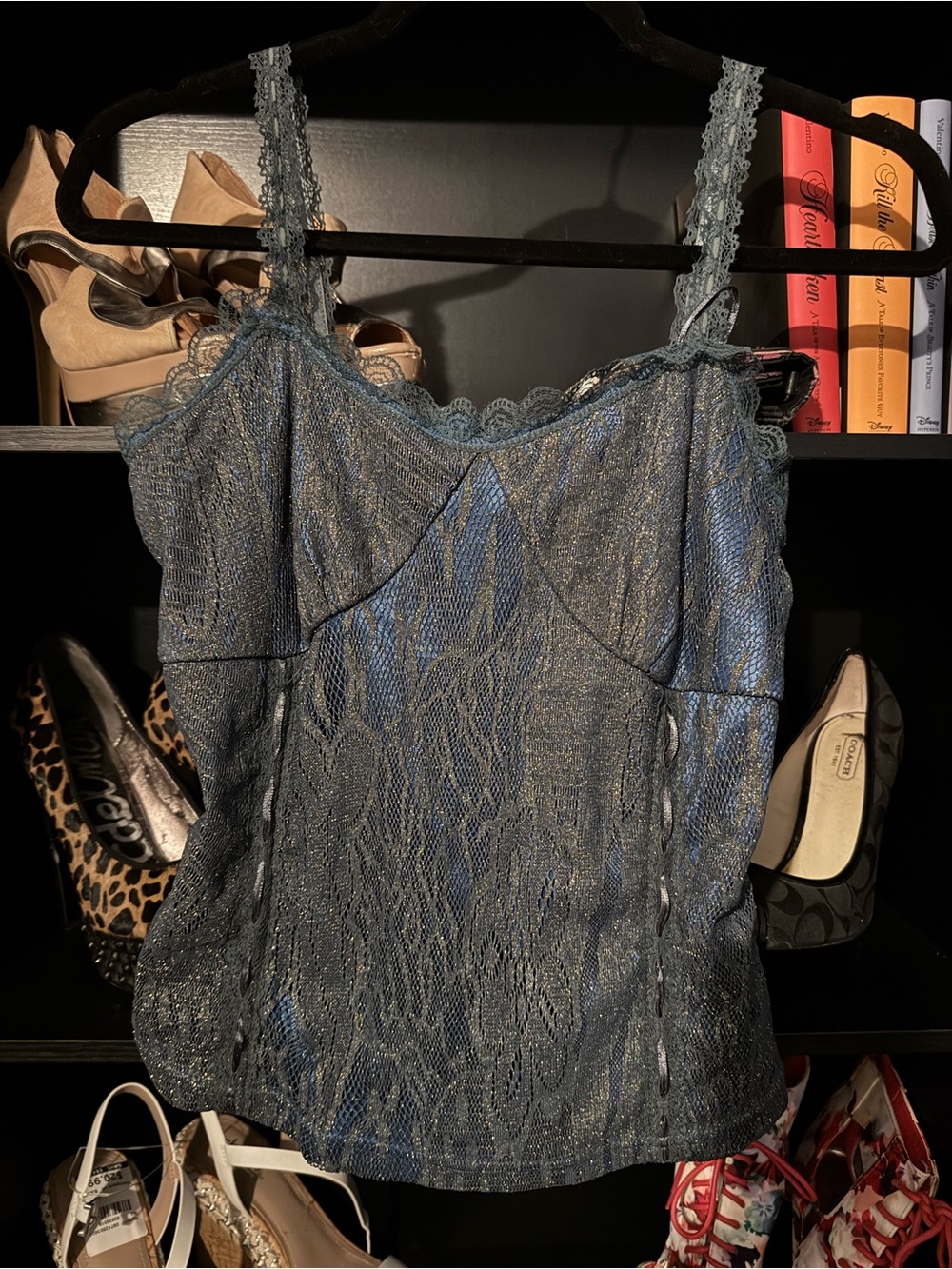Shimmer Lace-Trim Blue Camisole Top